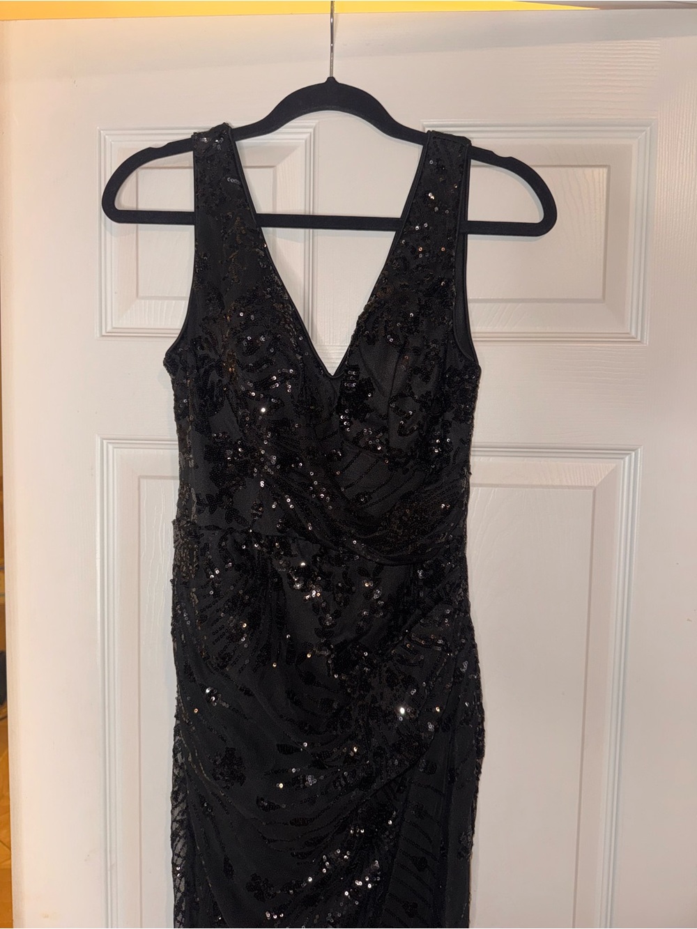 Black Sequin V-Neck Maxi Dress with Draped Bodice